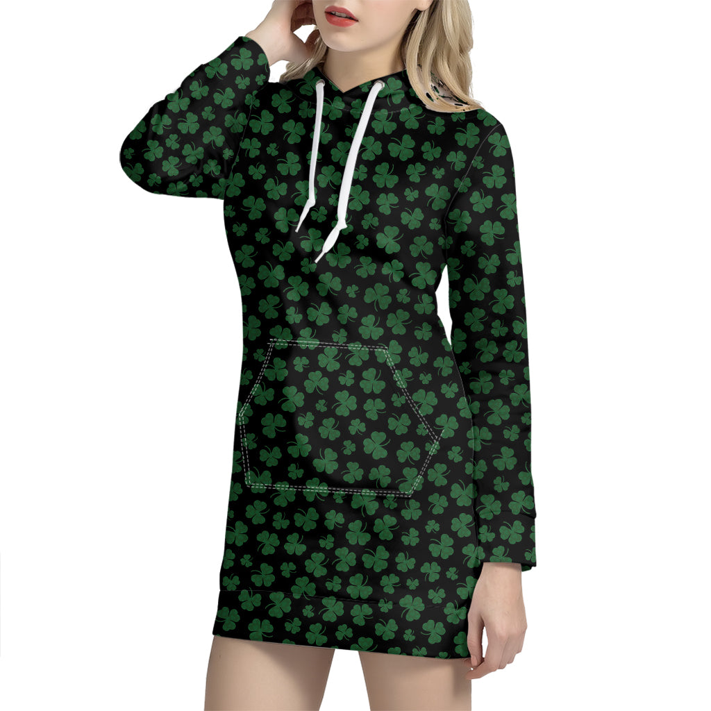 Black And Green Shamrock Pattern Print Hoodie Dress