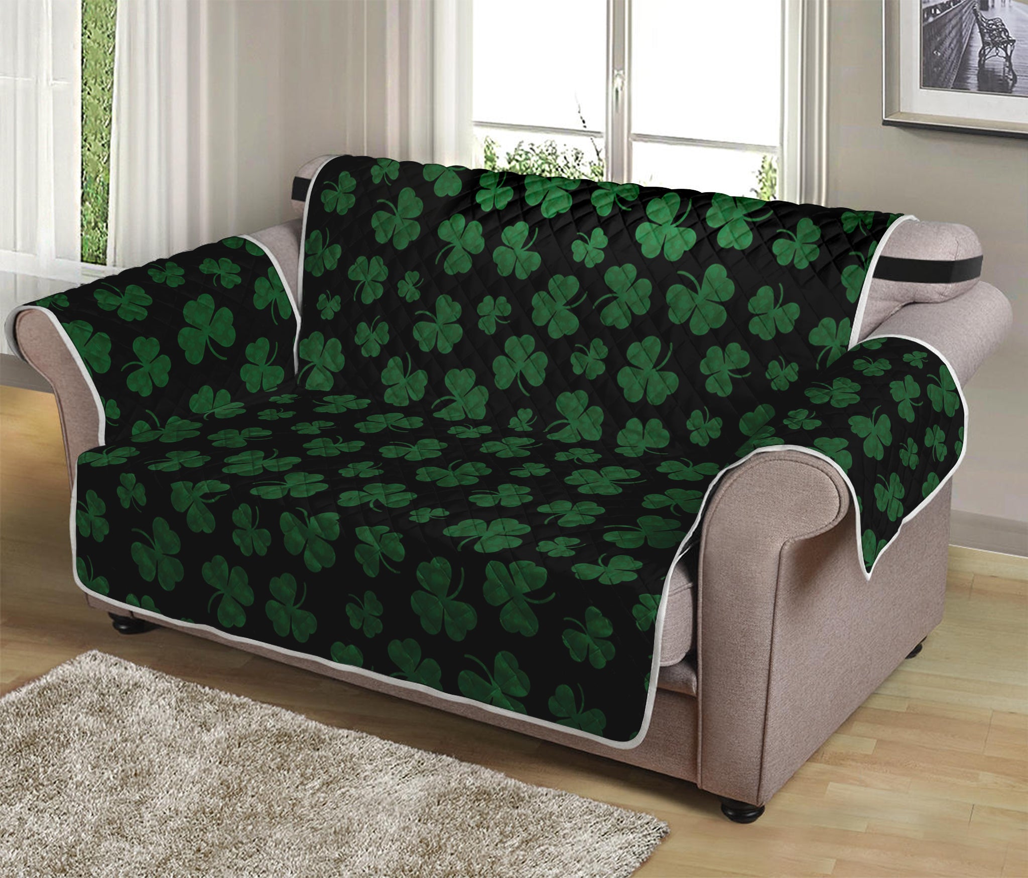 Black And Green Shamrock Pattern Print Loveseat Protector