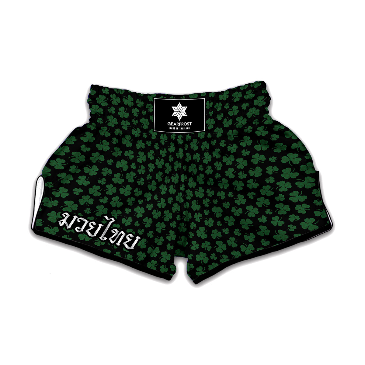 Black And Green Shamrock Pattern Print Muay Thai Boxing Shorts
