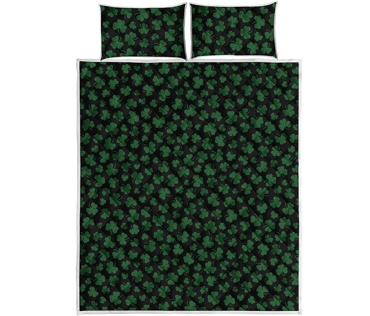 Black And Green Shamrock Pattern Print Quilt Bed Set