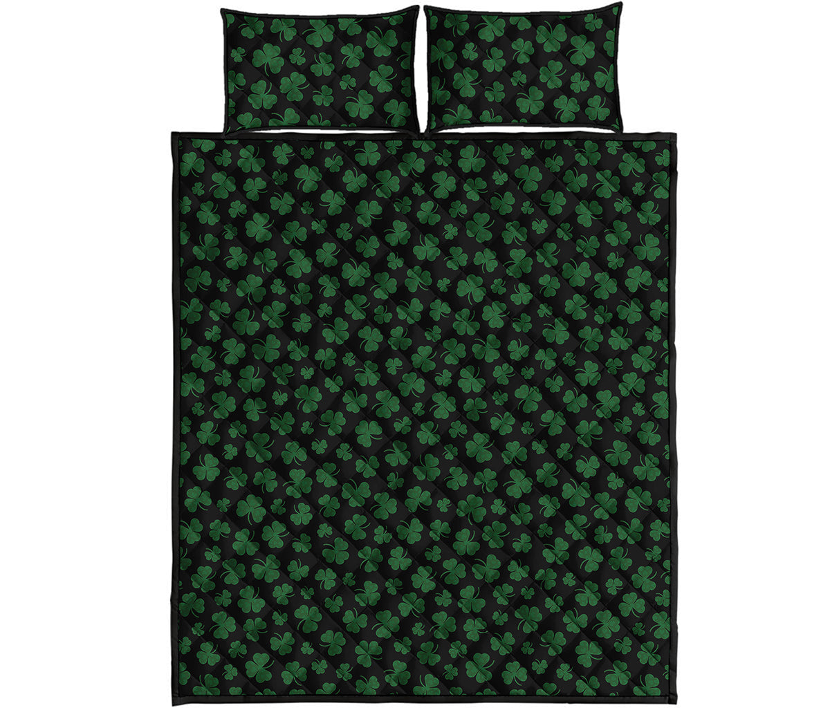 Black And Green Shamrock Pattern Print Quilt Bed Set