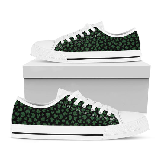 Black And Green Shamrock Pattern Print White Low Top Shoes