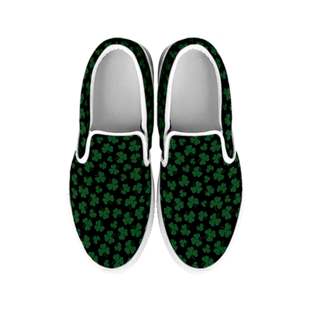Black And Green Shamrock Pattern Print White Slip On Shoes