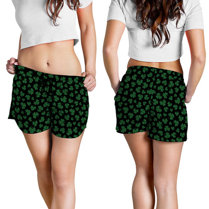 Black And Green Shamrock Pattern Print Women's Shorts