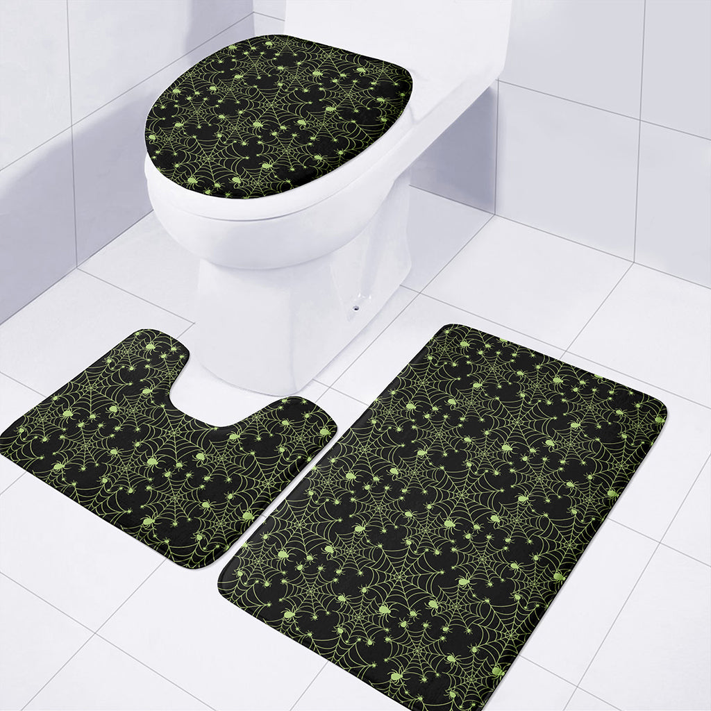 Black And Green Spider Web Pattern Print 3 Piece Bath Mat Set