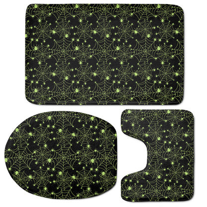 Black And Green Spider Web Pattern Print 3 Piece Bath Mat Set