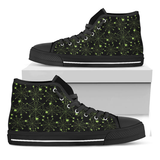 Black And Green Spider Web Pattern Print Black High Top Shoes