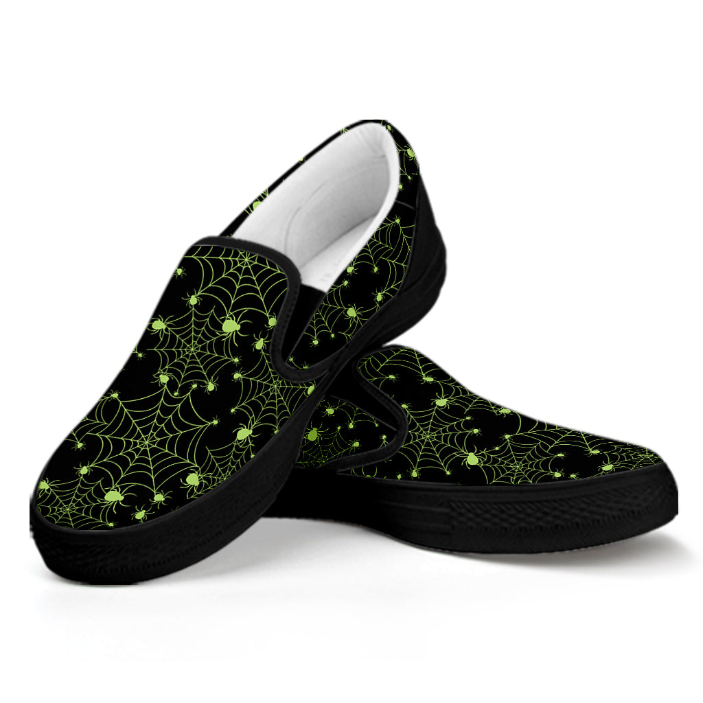 Black And Green Spider Web Pattern Print Black Slip On Shoes