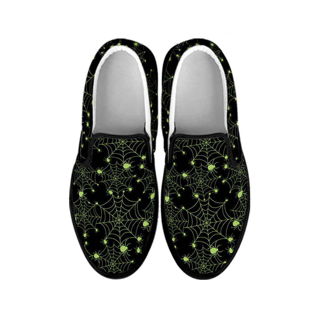 Black And Green Spider Web Pattern Print Black Slip On Shoes