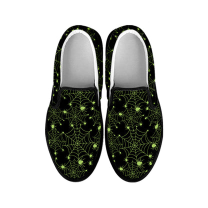 Black And Green Spider Web Pattern Print Black Slip On Shoes