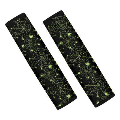 Black And Green Spider Web Pattern Print Car Seat Belt Covers