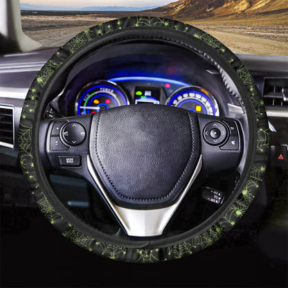 Black And Green Spider Web Pattern Print Car Steering Wheel Cover