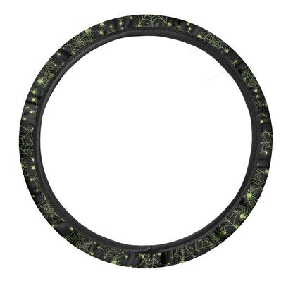 Black And Green Spider Web Pattern Print Car Steering Wheel Cover