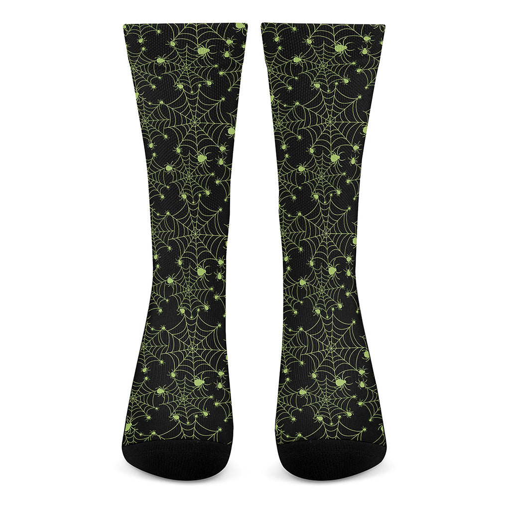 Black And Green Spider Web Pattern Print Crew Socks