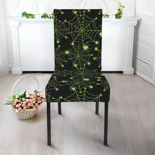 Black And Green Spider Web Pattern Print Dining Chair Slipcover