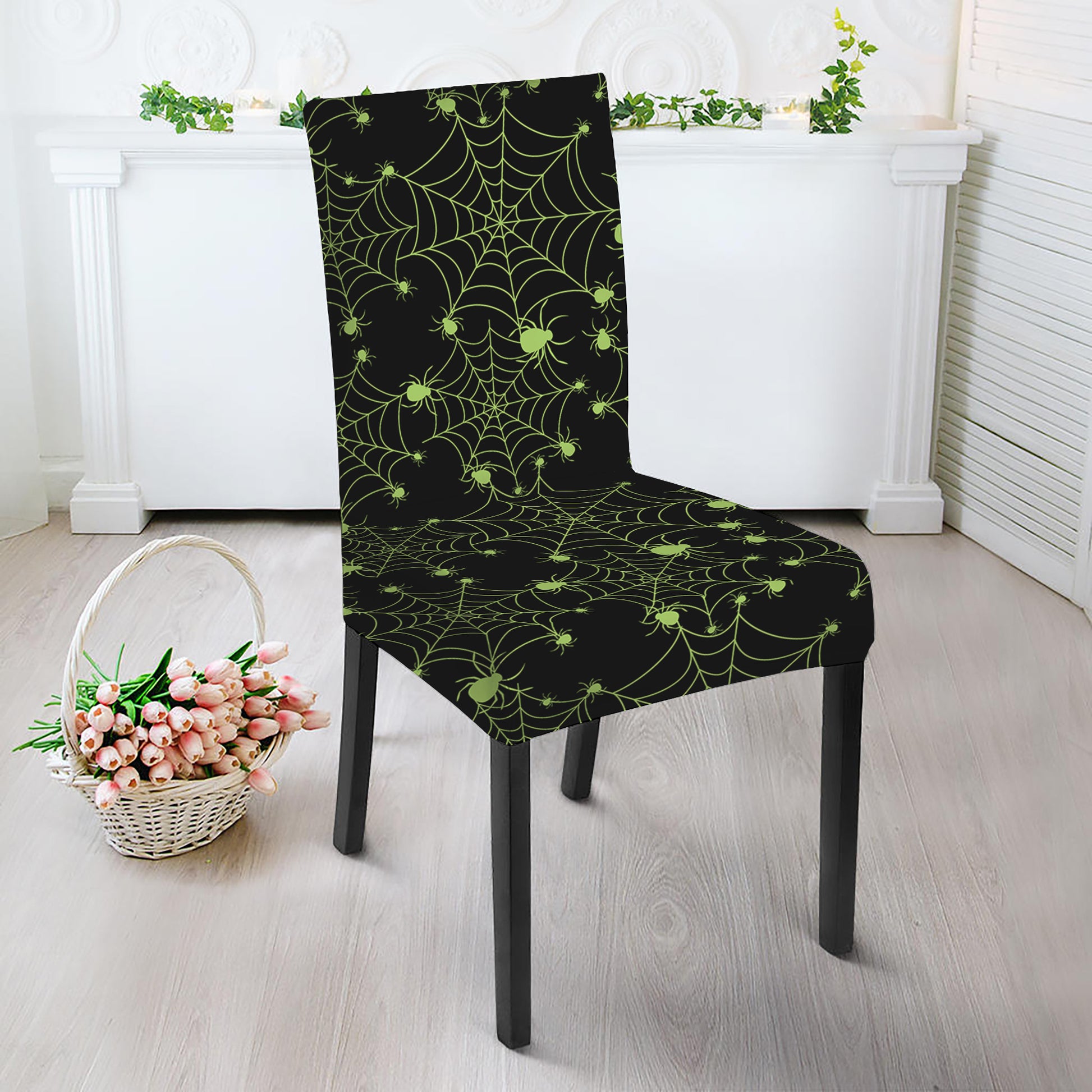 Black And Green Spider Web Pattern Print Dining Chair Slipcover