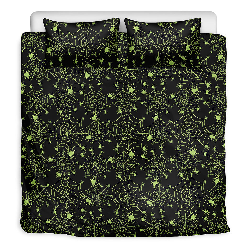 Black And Green Spider Web Pattern Print Duvet Cover Bedding Set