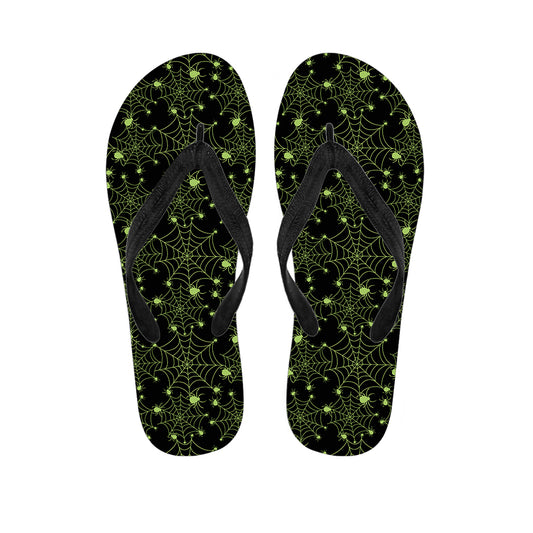Black And Green Spider Web Pattern Print Flip Flops