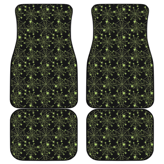 Black And Green Spider Web Pattern Print Front and Back Car Floor Mats