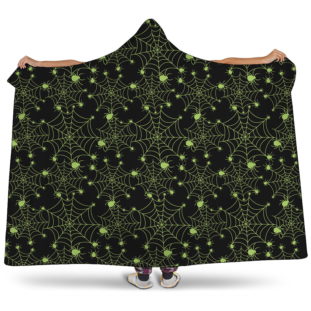 Black And Green Spider Web Pattern Print Hooded Blanket
