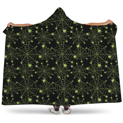 Black And Green Spider Web Pattern Print Hooded Blanket