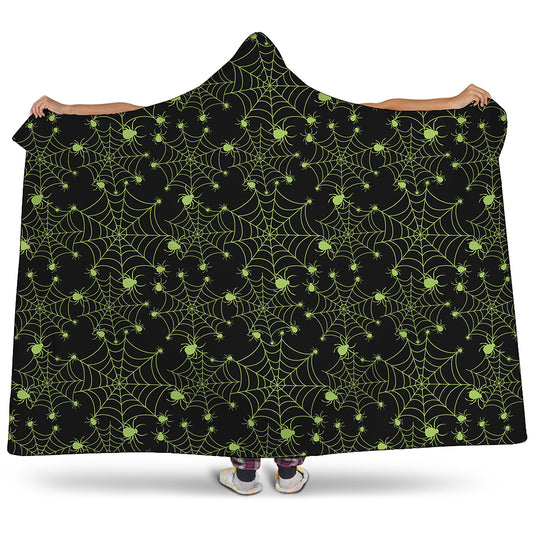 Black And Green Spider Web Pattern Print Hooded Blanket
