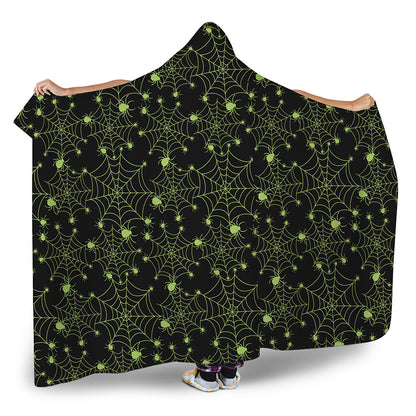 Black And Green Spider Web Pattern Print Hooded Blanket