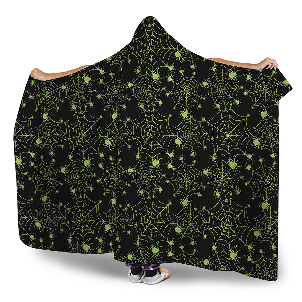 Black And Green Spider Web Pattern Print Hooded Blanket