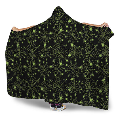 Black And Green Spider Web Pattern Print Hooded Blanket