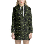 Black And Green Spider Web Pattern Print Hoodie Dress
