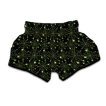 Black And Green Spider Web Pattern Print Muay Thai Boxing Shorts