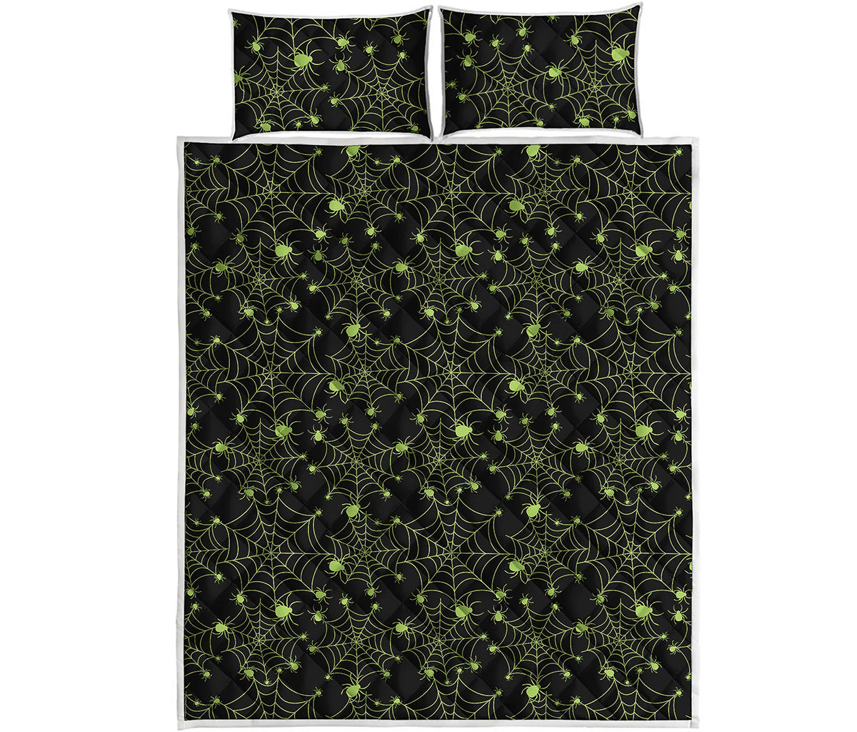 Black And Green Spider Web Pattern Print Quilt Bed Set