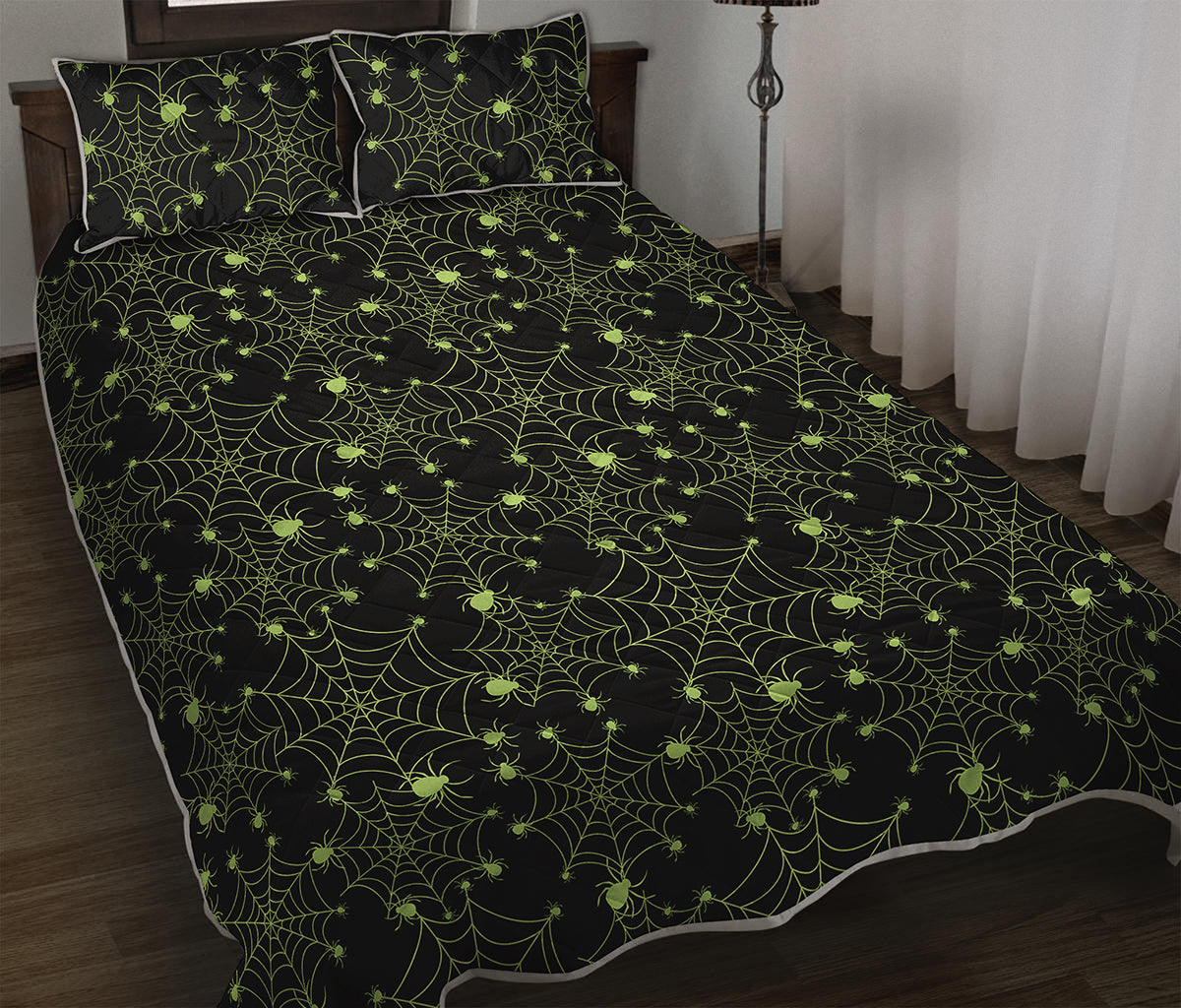Black And Green Spider Web Pattern Print Quilt Bed Set