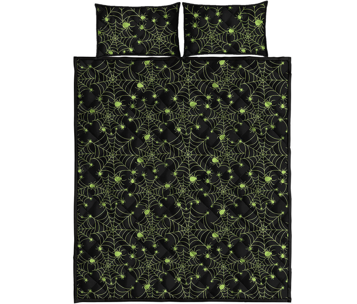 Black And Green Spider Web Pattern Print Quilt Bed Set