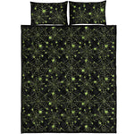 Black And Green Spider Web Pattern Print Quilt Bed Set