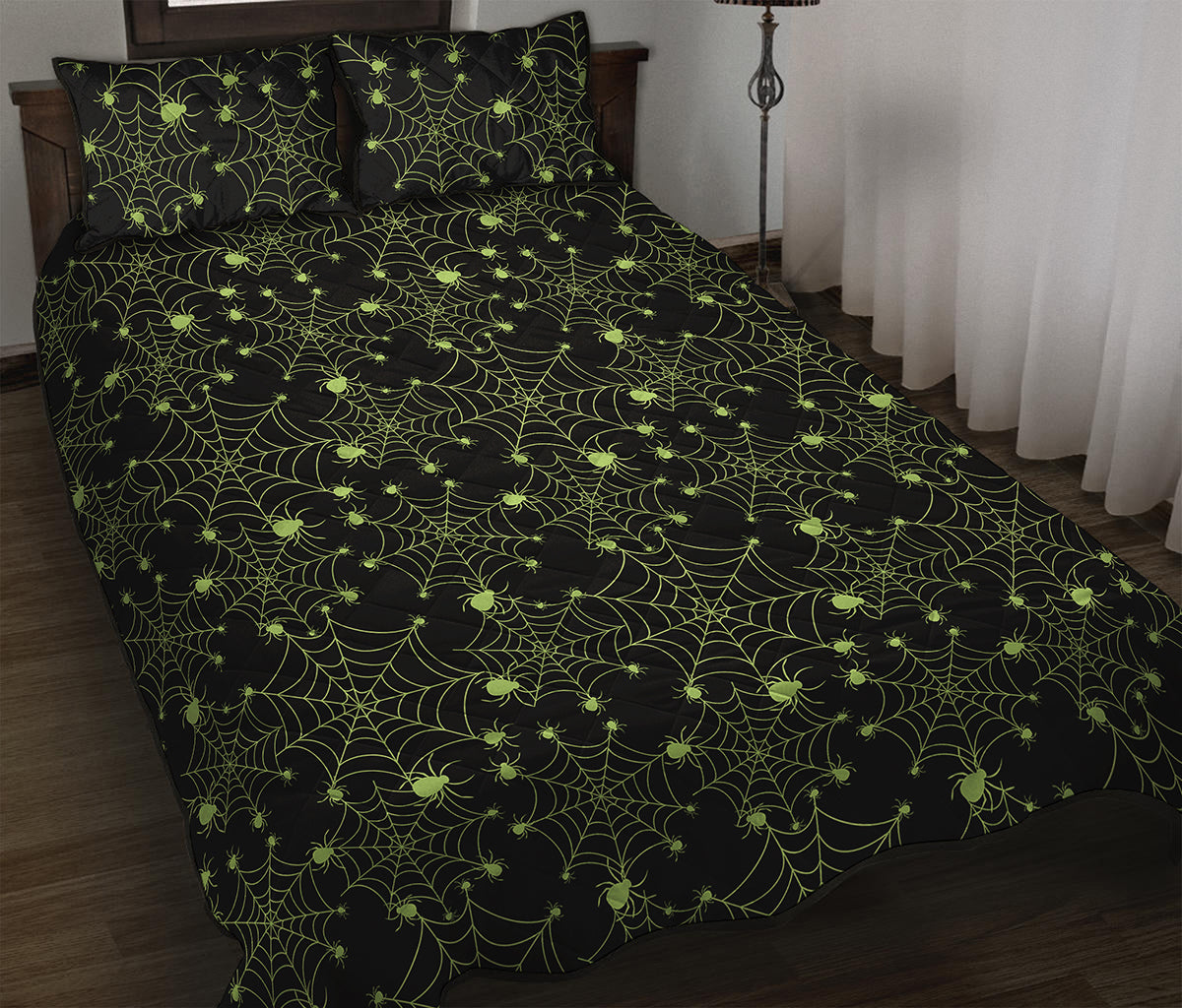 Black And Green Spider Web Pattern Print Quilt Bed Set