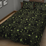 Black And Green Spider Web Pattern Print Quilt Bed Set