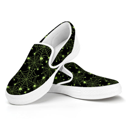 Black And Green Spider Web Pattern Print White Slip On Shoes