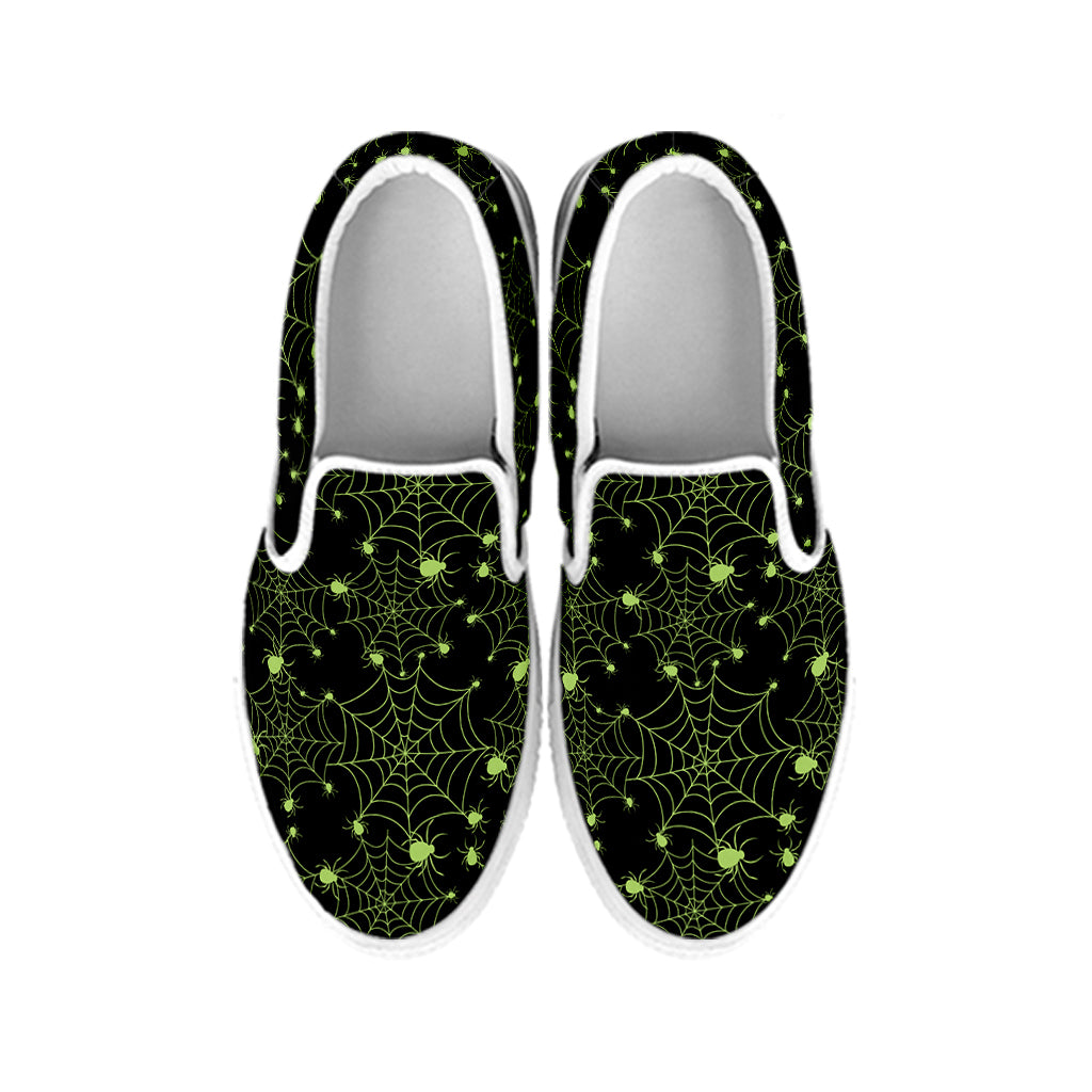 Black And Green Spider Web Pattern Print White Slip On Shoes