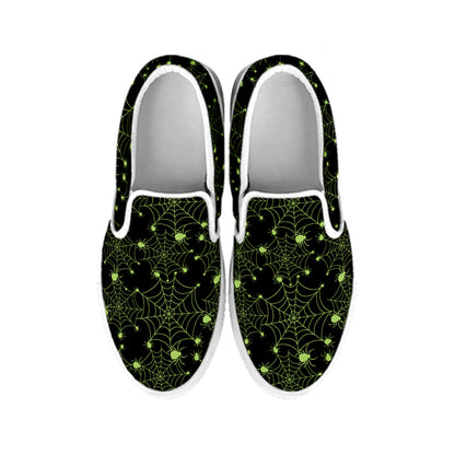 Black And Green Spider Web Pattern Print White Slip On Shoes