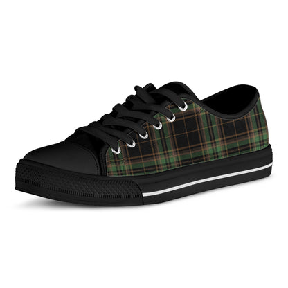 Black And Green Stewart Tartan Print Black Low Top Shoes