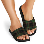 Black And Green Stewart Tartan Print Black Slide Sandals