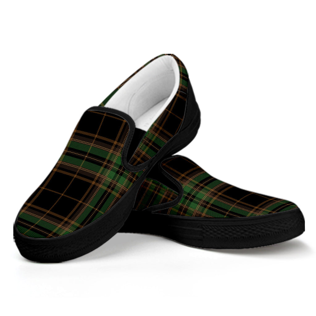 Black And Green Stewart Tartan Print Black Slip On Shoes