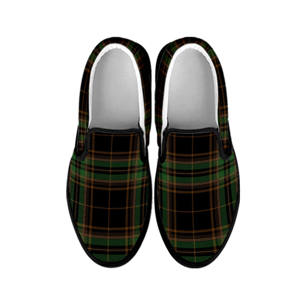 Black And Green Stewart Tartan Print Black Slip On Shoes