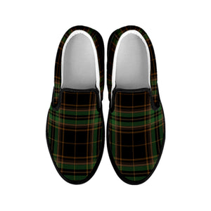 Black And Green Stewart Tartan Print Black Slip On Shoes