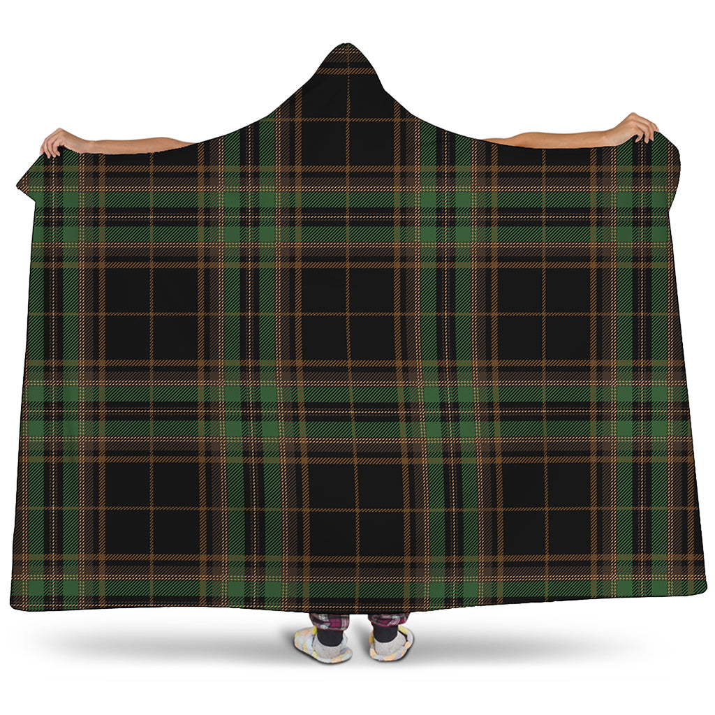 Black And Green Stewart Tartan Print Hooded Blanket