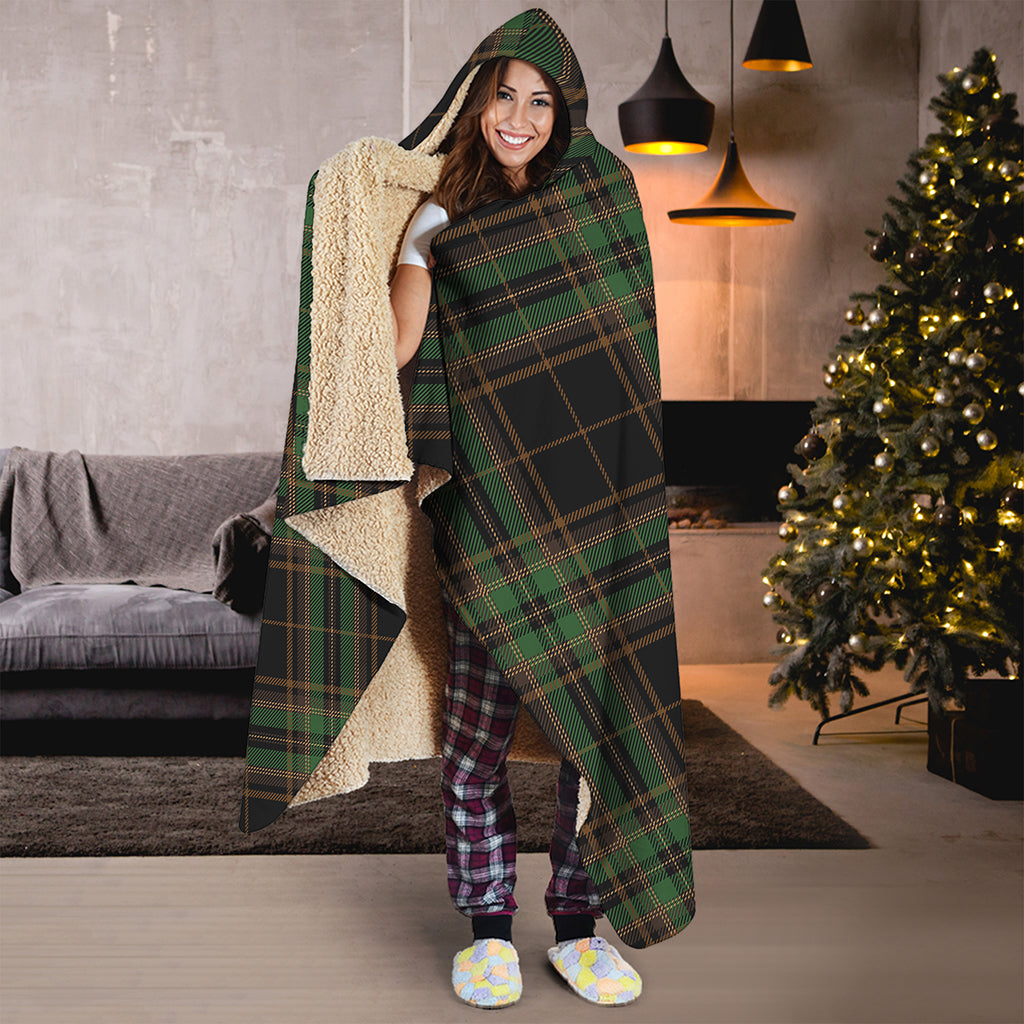 Black And Green Stewart Tartan Print Hooded Blanket