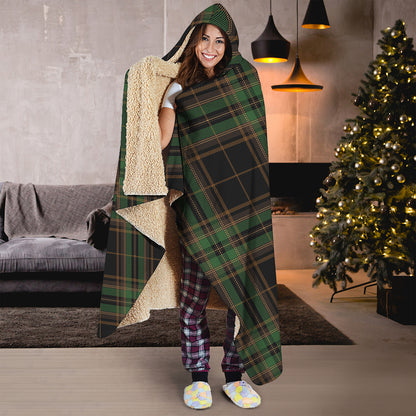 Black And Green Stewart Tartan Print Hooded Blanket