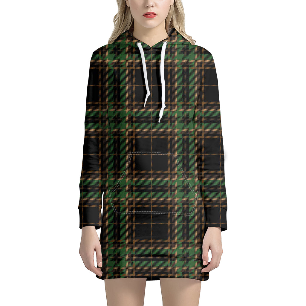 Black And Green Stewart Tartan Print Hoodie Dress