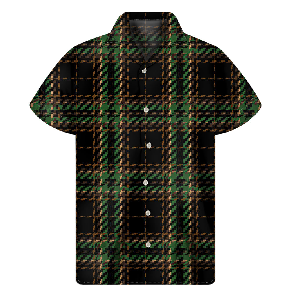 Black And Green Stewart Tartan Print Men's Short Sleeve Shirt